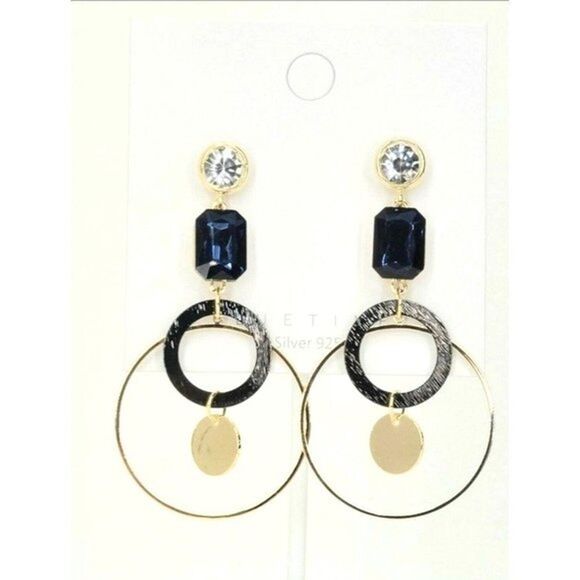 Dangle Earrings Blue & Clear Rhinestones Circles - Statement Earrings, 2.9" Drop - Picture 3 of 6